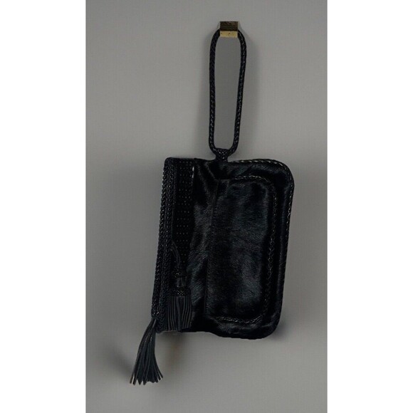 Francesco Biasia Black Italian Leather Clutch/ Wristlet Purse with Fur / Pockets - Picture 2 of 10